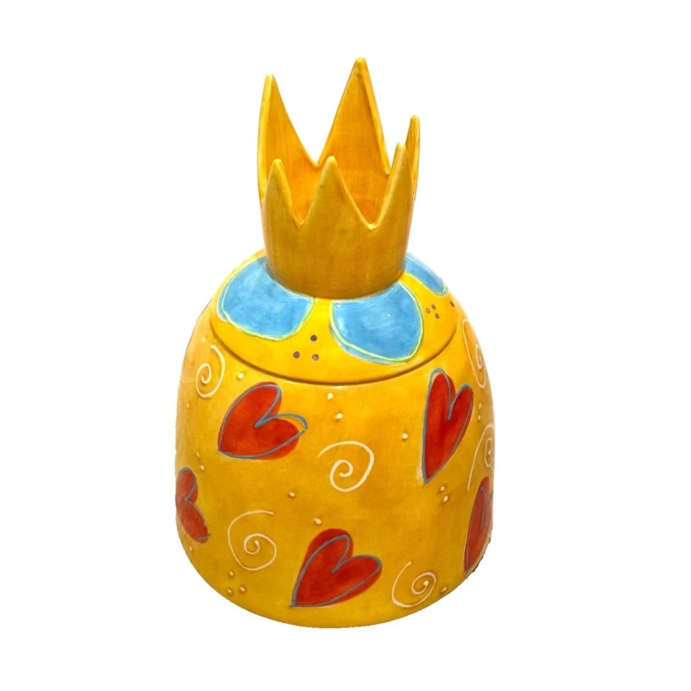 Vintage Cookie Jar With Love, Joanne Whimsical Pop Art‎ Yellow Bird/Crown/Hearts
